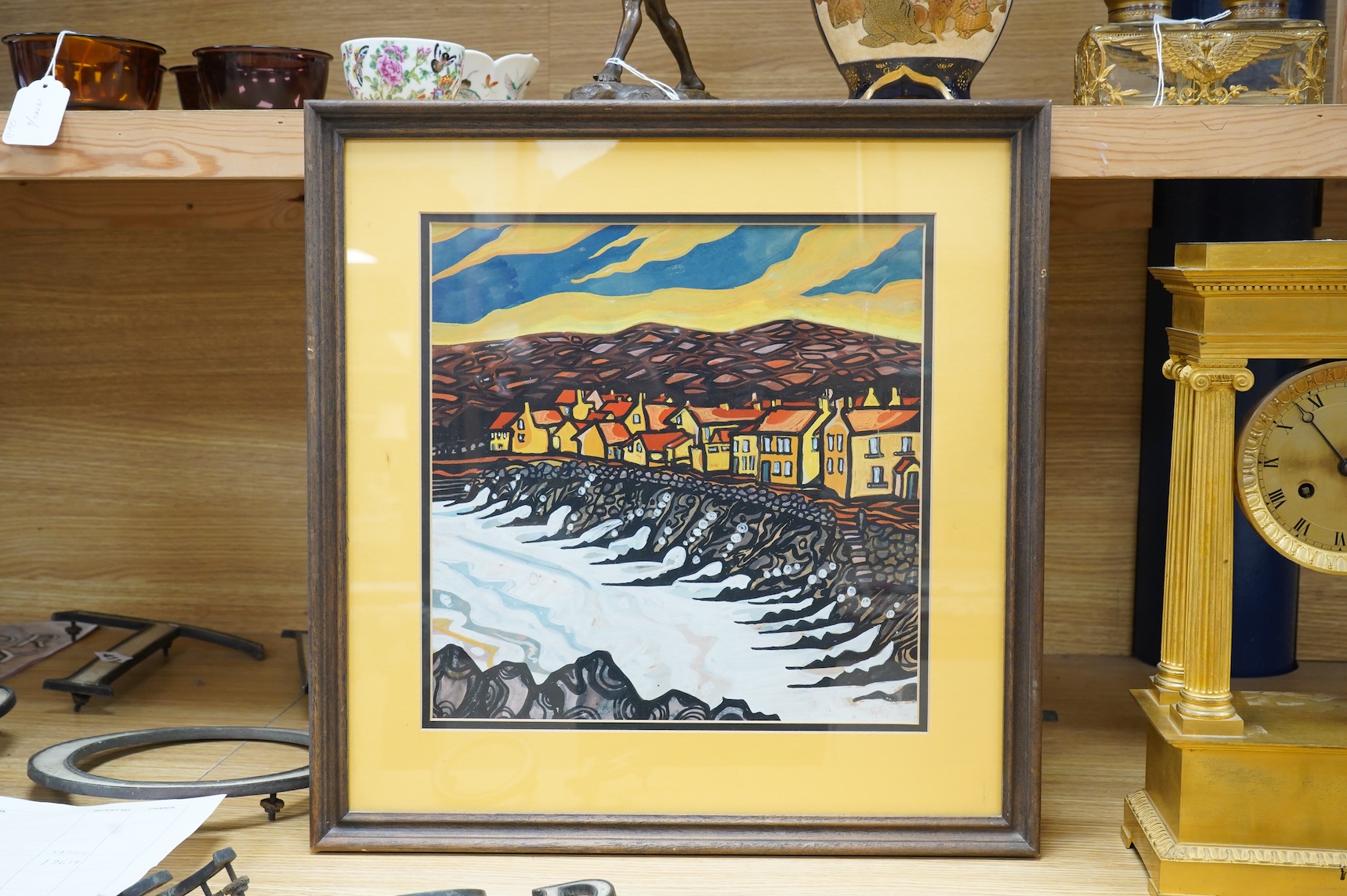 Frank Smyth (Irish), Harbour view with cottages before hills, mid century mixed media, 31 x 30cm